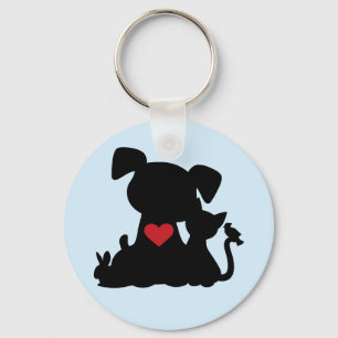 Liebe Welpe und Kitten Silhouette Blau Schlüsselanhänger