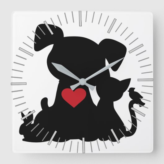 Liebe Welpe und Kitten Silhouette Quadratische Wanduhr (Vorderseite)