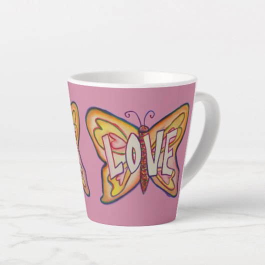 Liebe Word Art Pink Butterfly Wing Cup Latte Tasse (Rechte Ecke)