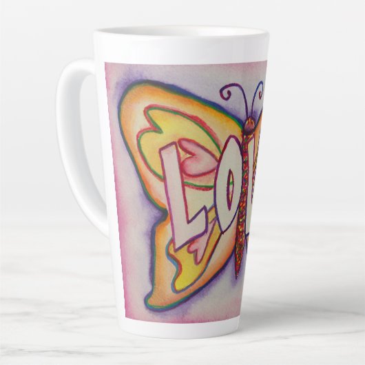 Liebe Word Art Pink Butterfly Wing Cup Latte Tasse (Linke Ecke)