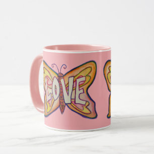 Liebe Word Art Pink Butterfly Wings Kaffee Tasse C