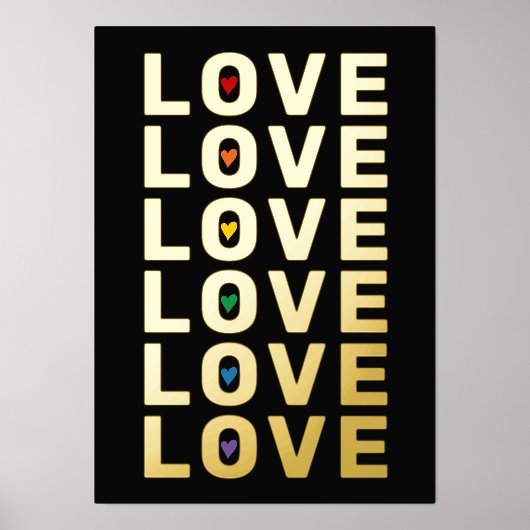 "LIEBE" Wort, Herzen in Regenbogenfarben, schwarze Foliendrucke (Vorderseite)