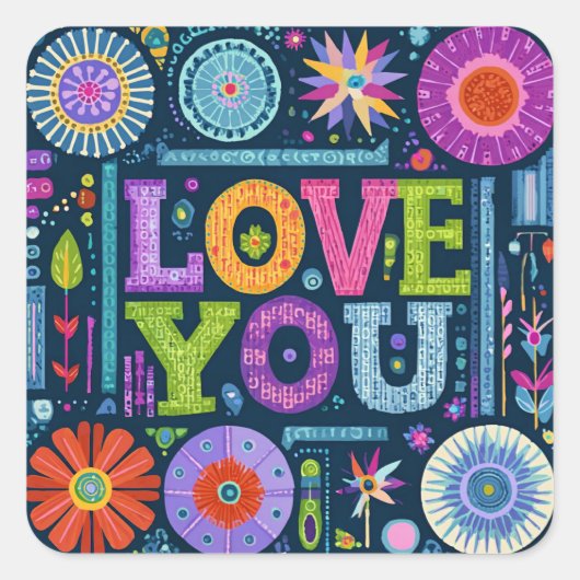 Liebe You, buntes Vintages Design, Quadratischer Aufkleber (Vorderseite)