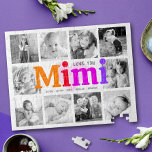 Liebe You Mimi Bold Rainbow 10 Foto Collage Modern Puzzle<br><div class="desc">"Liebe du Mimi." Sie liebt jede Minute mit ihren Enkelkindern. Ein spielerisches, skurriles, stylisches visuelle von vielfarbiger Regenbogenfett, feiner Typografie und handgeschriebener schwarzer Typografie überlagert ein weiches, hellrosa Herz und einen weißen Hintergrund. Fügen Sie 10 hochgeschätzte Fotos Ihrer Wahl hinzu und passen Sie die Namen und die Botschaft an, für...</div>