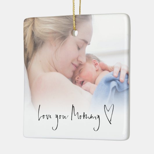 Liebe You Mommy Modern Script Heart Foto Overlay Keramikornament (Links)