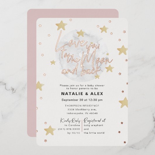 Liebe You Moon & Back Girl Baby Dusche Folieneinladung (Vorderseite/Rückseite)