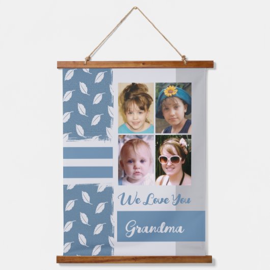Liebe you Oma 4 Foto Blatt Muster blau Wandteppich Mit Holzrahmen (Vorderseite)