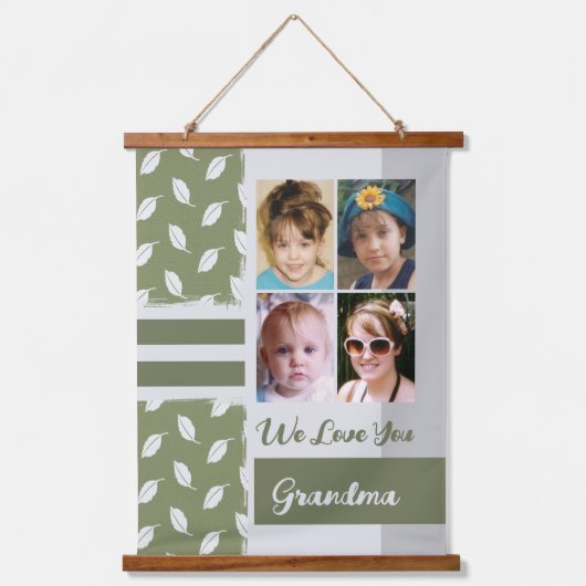 Liebe you Oma 4 Foto Blatt Muster grün Wandteppich Mit Holzrahmen (Vorderseite)