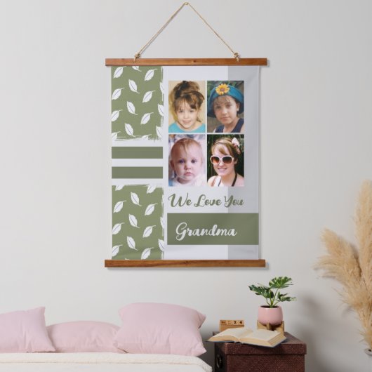 Liebe you Oma 4 Foto Blatt Muster grün Wandteppich Mit Holzrahmen (Schlafzimmer)