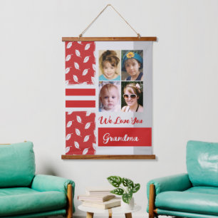 Liebe you Oma 4 Foto Blatt Muster rot Wandteppich Mit Holzrahmen