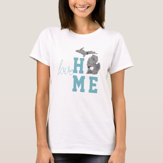 Liebe Zuhause Staat Michigan Gray Blue Poppies T-Shirt (Vorderseite)