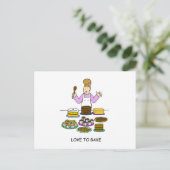 Liebe zum backen Cartoon Lady with Cakes Postkarte (Stehend Vorderseite)