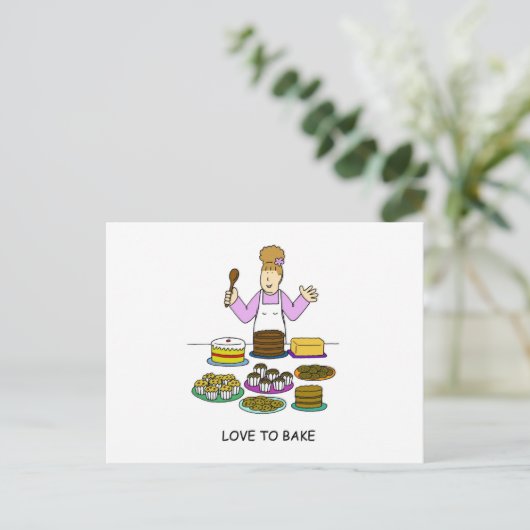 Liebe zum backen Cartoon Lady with Cakes Postkarte (Stehend Vorderseite)