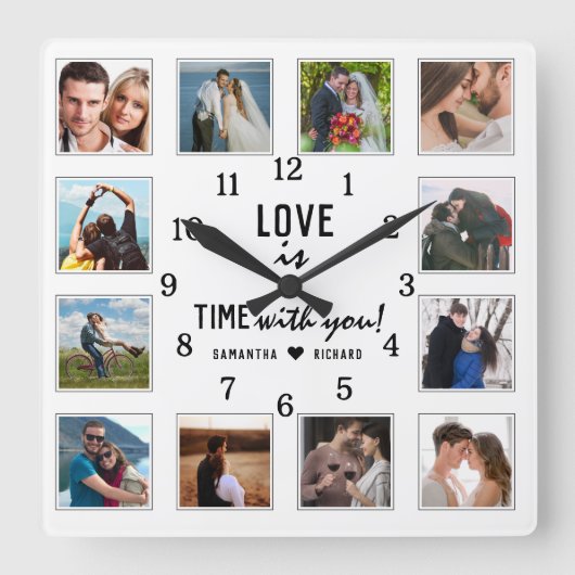 Liebe zum Hochzeitstag Zitat 12 FotoCollage Quadratische Wanduhr (Vorderseite)