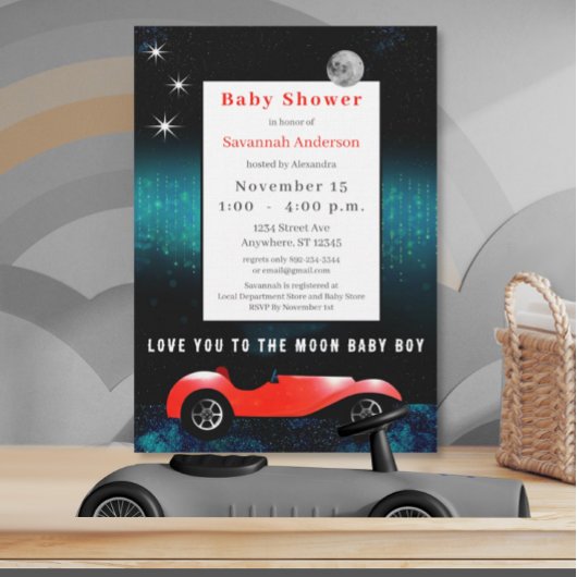 Liebe zum Mond Baby Boy Classic Car Einladung