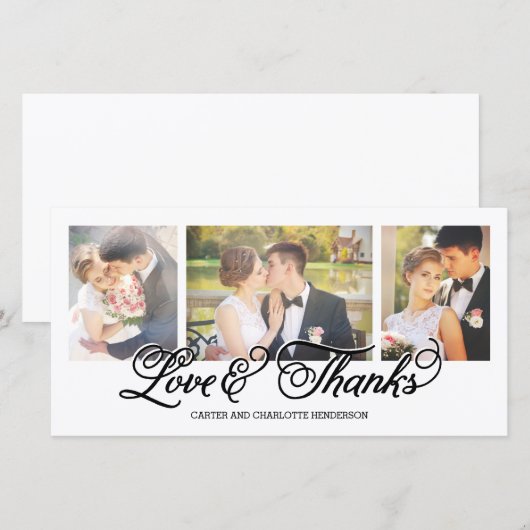 Lieben und Dank Black Script 3-Foto Dankeskarte (Vorne/Hinten)