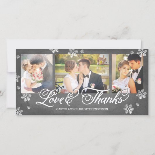 Lieben und Dank Chalkboard Snowflake 3-Foto Dankeskarte (Vorderseite)