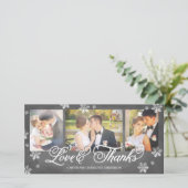 Lieben und Dank Chalkboard Snowflake 3-Foto Dankeskarte (Stehend Vorderseite)