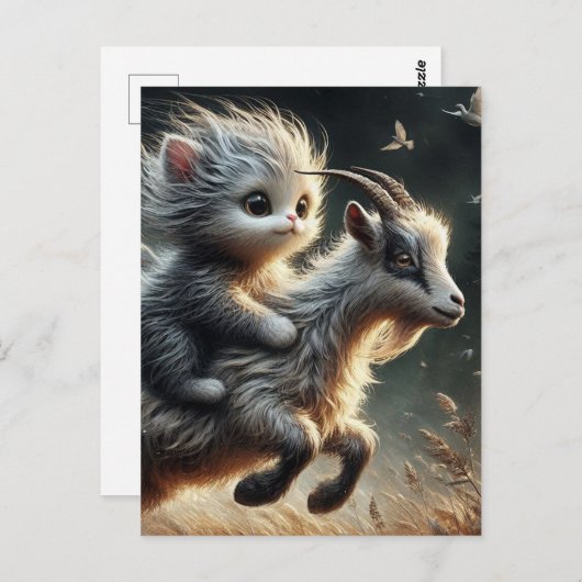 Liebende Katze, die eine Ziege reitet Postkarte (Vorne/Hinten)