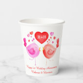 Liebende Vögel Herz rosa 1. Jubiläum Kunst Pappbecher (Rückseite)
