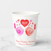 Liebende Vögel Herz rosa 1. Jubiläum Kunst Pappbecher (Vorderseite)