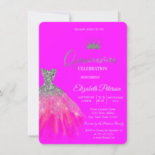 Liebenswerte Glitzerkleid Tiara Fuchsia Quinceaner Einladung