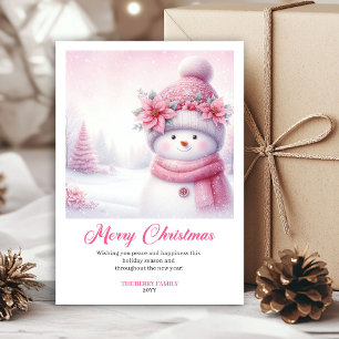 Liebenswerte rosa Schneemann-Weihnachtsszene Karte