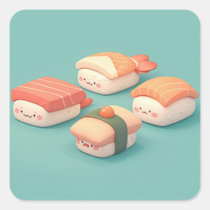 Liebenswerte Vielfalt von glücklichem Ton-Sushi Quadratischer Aufkleber