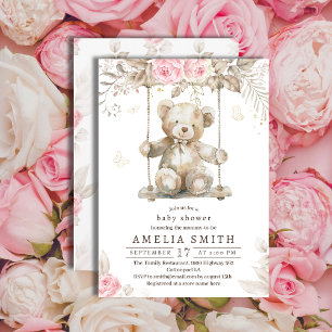 Liebenswerter Beiger Wasserfarben-Teddybär Rosa Fl Einladung