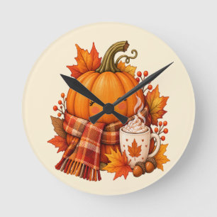 Liebenswerter Herbst - Süßer lächelnder Kürbis mit Runde Wanduhr