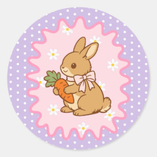 Liebenswerter Lila Hase Karotte & Gänseblümchen Runder Aufkleber