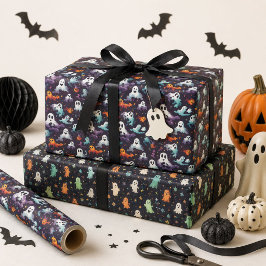 Liebenswertes Halloween-Geister-Muster in Lila, Or Geschenkpapier Set