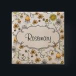 Liebenswürdige gelbe Blumen mit Rahmen für Namen Button<br><div class="desc">Spaß und schönes Muster mit einer Vielzahl der gelben und rosa Blumen (wie Rose inspirierte Blumen, brennen hängende Blumen, weg und Gänseblümchen inspirierte Blumen) durch, mit liebenswürdigem Wirbel, Kurven und Grün-Blätter auf einem hellen beige Hintergrund. Der Rahmen stellt diesen Knopf perfekt her, um als Namensschild zu verwenden. Klicken fertigt besonders...</div>