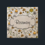 Liebenswürdige gelbe Blumen mit Rahmen für Namen Button<br><div class="desc">Spaß und schönes Muster mit einer Vielzahl der gelben und rosa Blumen (wie Rose inspirierte Blumen, brennen hängende Blumen, weg und Gänseblümchen inspirierte Blumen) durch, mit liebenswürdigem Wirbel, Kurven und Grün-Blätter auf einem hellen beige Hintergrund. Der Rahmen stellt diesen Knopf perfekt her, um als Namensschild zu verwenden. Klicken fertigt besonders...</div>