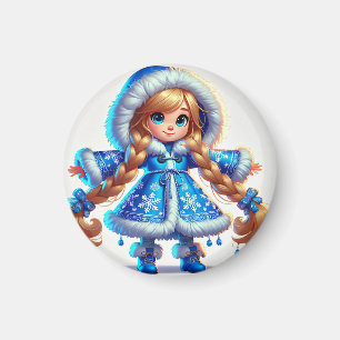 Liebenswürdige Schneemädchen im blauen Mantel Magnet
