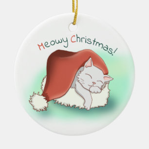 Liebenswürdiger Grey Cartoon Cat Snoozing in Santa Keramik Ornament