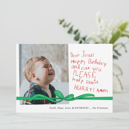 "Lieber Jesus" Red Crayon Note Foto Weihnachtskart (Stehend Vorderseite)