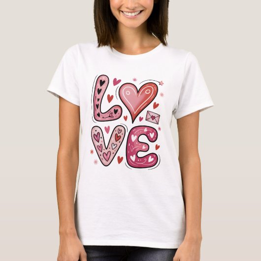 Liebes-Doodle Valentinstag Herz T-Shirt (Vorderseite)