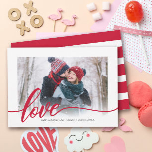 Liebes-Rot-Schrift-Gestreiftes-Valentins-Foto Feiertagskarte