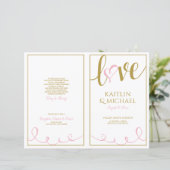Liebes-Skript-Herz-Hochzeitsprogramme Rosa & Gold (Stehend Vorderseite)