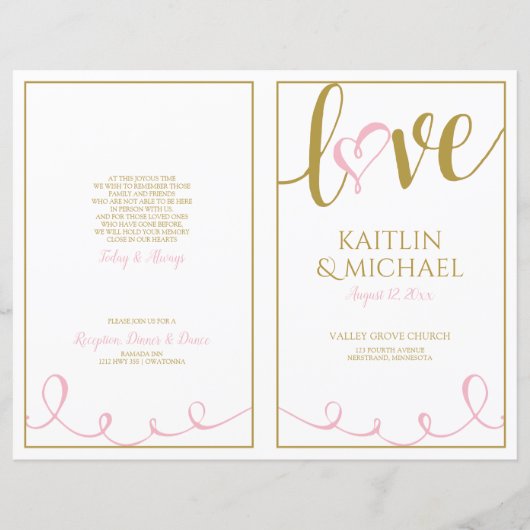 Liebes-Skript-Herz-Hochzeitsprogramme Rosa & Gold (Vorderseite)