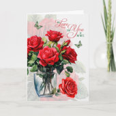 Liebes- und Romantik-Vase mit roten Rosen und Schm Karte (Vorderseite)