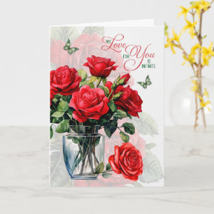 Liebes- und Romantik-Vase mit roten Rosen und Schm Karte