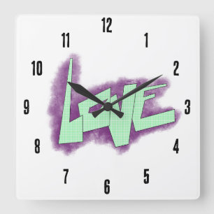 Liebesgraffiti lila grün mint typografie punkte  quadratische wanduhr