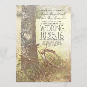 Liebesherz-Birke und Fahrrad rustikale Hochzeit Einladung