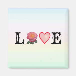 Liebesherz und rosa Rosenblüte auf Pastellfarben Magnet