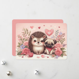 Liebeskarte mit niedlichem Igel und Mops zum Valen Feiertagskarte