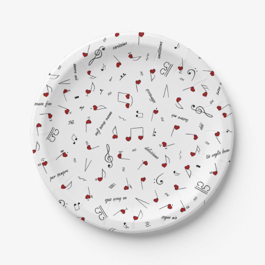 Liebesnotizen Rotes Herz Musiknotation Pappteller (Vorderseite)
