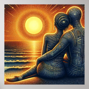 Liebespaar bei Sonnen Untergang am Meer Poster