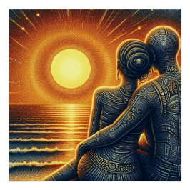 Liebespaar bei Sonnen Untergang am Meer Poster